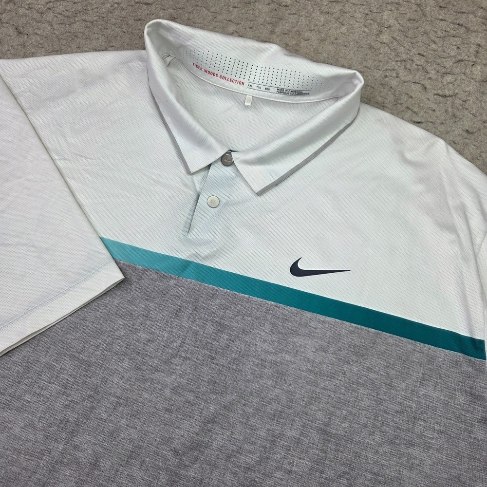 Tiger Woods Nike Golf Polo Shirt Mens 2XL White Gray Colorblock Short Sleeve